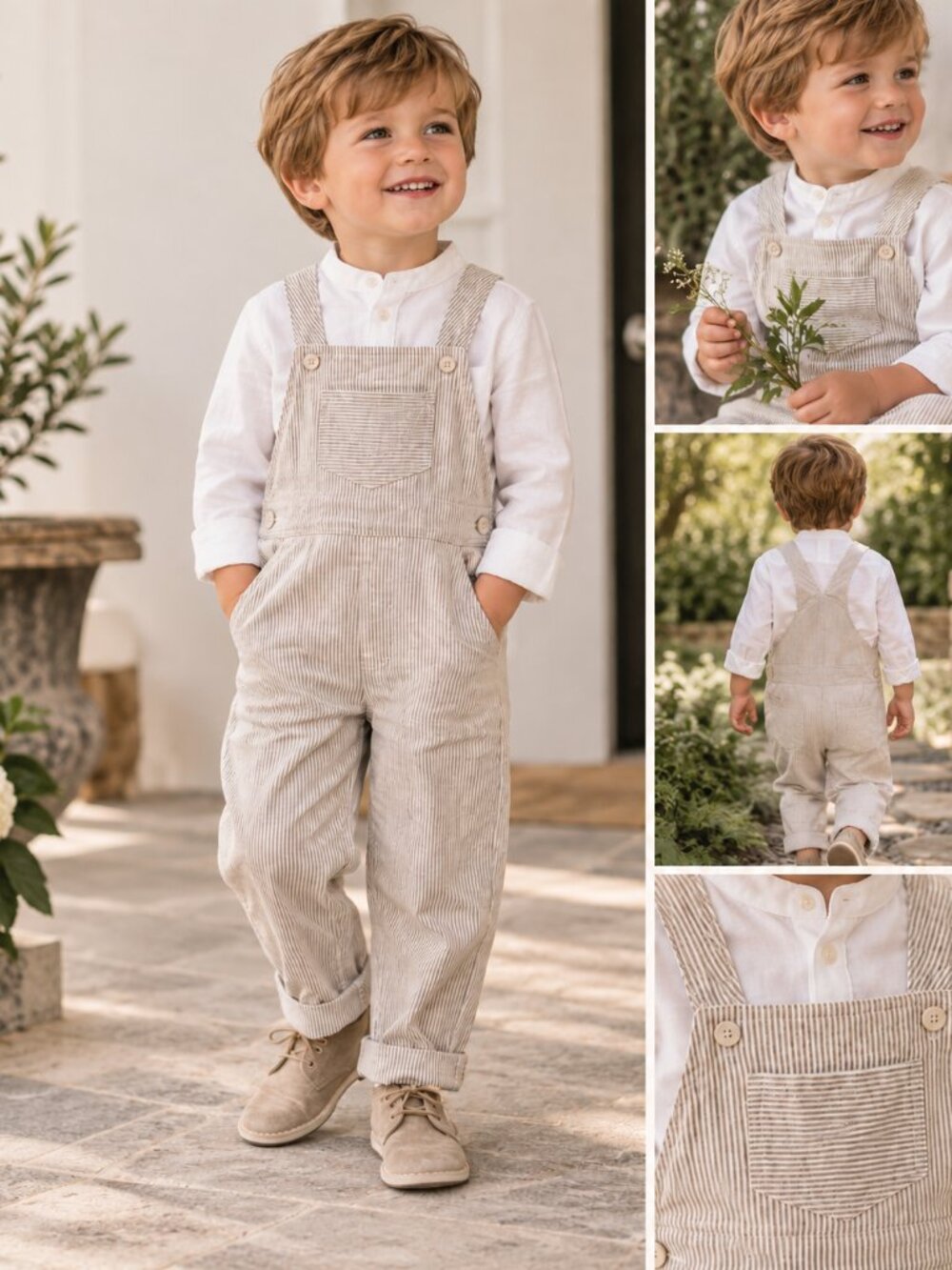 Megan Karp x Edgehill Collection Boys Linen Blend Overall Set 4T NWT Beige Strip